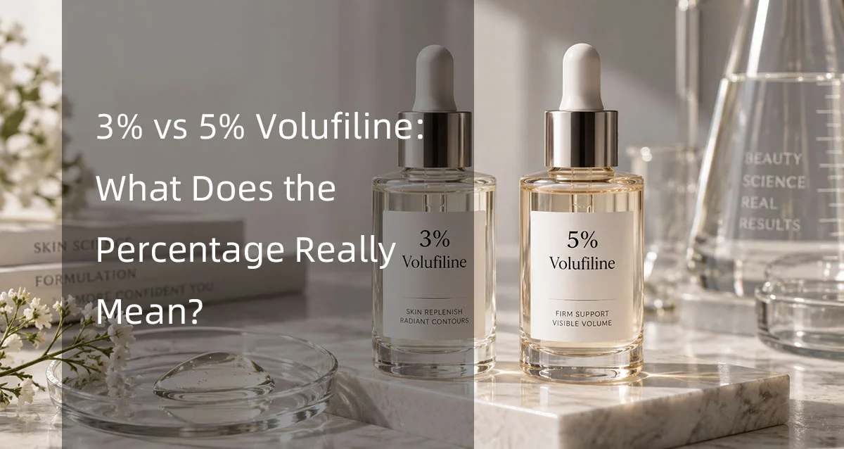 Two skincare bottles labeled 3% Volufiline and 5% Volufiline on a marble surface with blurred scientific glassware and flowers in the background.